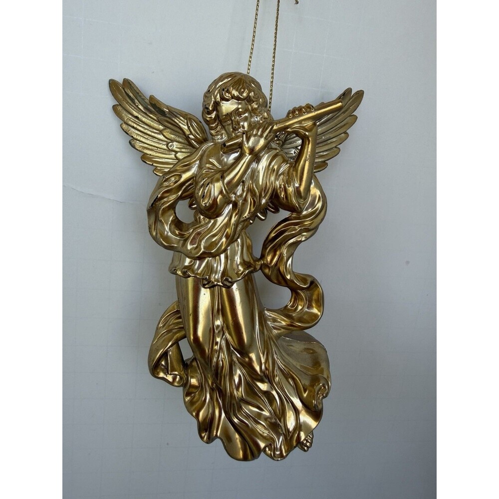 Vintage Gold Tone Angel Flute Hanging Ornament 4.5” Christmas Decor Taiwan 1980s